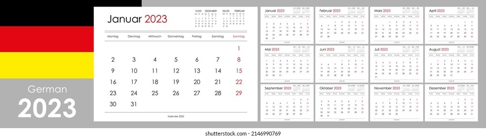 Calendario para 2023 año. Un organizador y planificador para todos los días. La semana comienza el lunes. 12 tablas, meses. Diseño de pared. Limpiar plantilla. Idioma alemán.