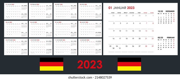 Calendar for 2023 year. An organizer and planner for every day. Week starts from Monday. 12 boards, months set. Wall layout. Clear template. German language.