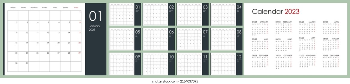 Calendar for 2023 year. An organizer and planner for every day. Week start on Monday. 12 boards, months set. Wall layout. Clear template. English language. svg