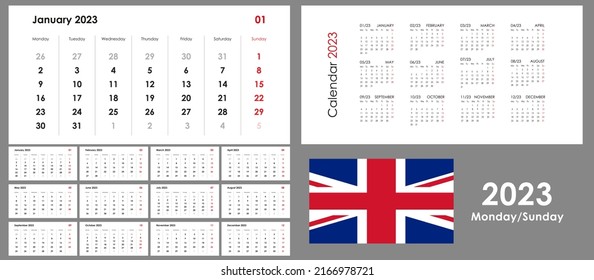 Calendar for 2023 year. An organizer and planner for every day. Week start on Monday. 12 boards, months set. Wall layout. Clear template. English language.