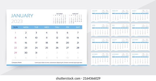 Calendar for 2023 year. Planner calender template. Week starts Sunday. Yearly organizer with 12 month. Table schedule grid. Horizontal monthly diary. Desk timetable layout. Vector simple illustration