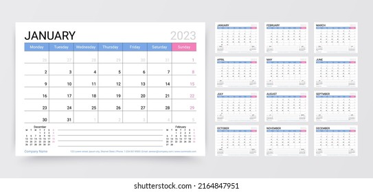 Calendario 2023 año. Plantilla de calendario del planificador. La semana empieza el lunes. Diseño del horario del escritorio. Organizador anual de papelería con 12 meses. Cuadrícula diaria horizontal mensual en inglés. Ilustración simple del vector