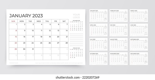 Calendario para 2023 año. Plantilla de calendario del planificador. Organizador anual con 12 páginas. La semana comienza el domingo. Cuadrícula de programación de escritorio. Diario horizontal mensual. Diseño del calendario de la tabla. Ilustración simple del vector