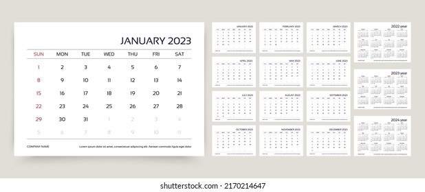 Kalender für 2023. Planervorlage. Die Woche fängt Sonntag an. Monatlicher Kalender-Veranstalter. Schreibtischplan Gitter mit 12 Monaten. Jährliches Firmentagebuch-Layout. Horizontale, einfache Agenda. Vektorgrafik