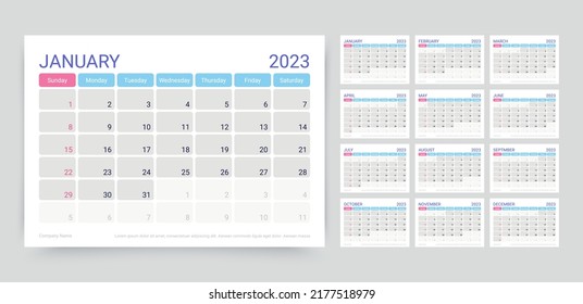 Calendario para 2023 año. Plantilla de planificador. La semana comienza el domingo. Organizador de calendario mensual. Cuadrícula de programación de escritorio con 12 meses. Diseño diario anual corporativo. Ilustración vectorial. Agenda simple horizontal