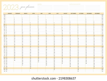 Calendar 2023 year planner template. Printable wall calendar table. A3 print size. Business events minimalist planner. Week starts on Monday