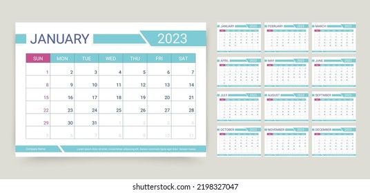 Calendar for 2023 year. Planner template. Week starts Sunday. Monthly calender organizer. Desk schedule grid with 12 month. Corporate yearly diary layout. Horizontal simple agenda. Vector illustration