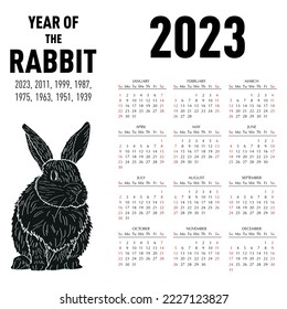 Calendar for 2023 year of the rabbit according to the Chinese calendar. Vector illustration.