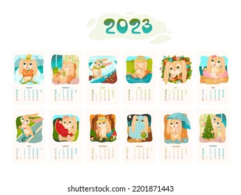 Calendar for 2023. Year of the Rabbit. A cute bunny is a symbol of the year. Week starts on Monday cartoon design template vector.