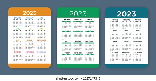 Calendar 2023 year set. English vector template. Design collection. Week starts on Sunday