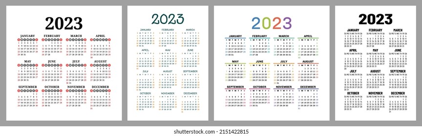 Kalenderjahr 2023 Kollektion von Vektorvorlagen. Fertiges Design. Die Woche beginnt am Sonntag. Januar, Februar, März, April, Mai, Juni, Juli, August, September, Oktober, Dezember