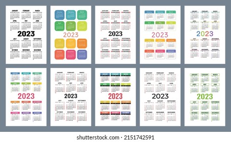 Calendar 2023 year set. Vector pocket or wall calender template collection. Week starts on Sunday. January, February, March, April, May, June, July, August, September, October, November, December