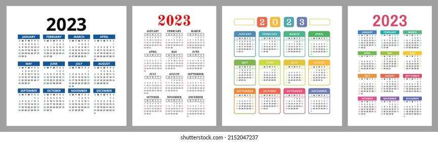 Calendar 2023 year set. Vector template collection. Ready design. Week starts on Sunday. January, February, March, April, May, June, July, August, September, October, November, December