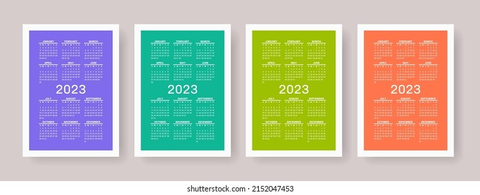Calendario 2023. Colección de plantillas de vectores. Diseño sencillo. La semana comienza el domingo. Enero, febrero, marzo, abril, mayo, junio, julio, agosto, septiembre, octubre, noviembre, diciembre