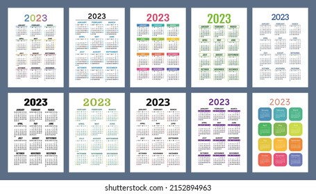 Calendar 2023 year set. Vector pocket calender template collection. Week starts on Sunday. January, February, March, April, May, June, July, August, September, October, November, December