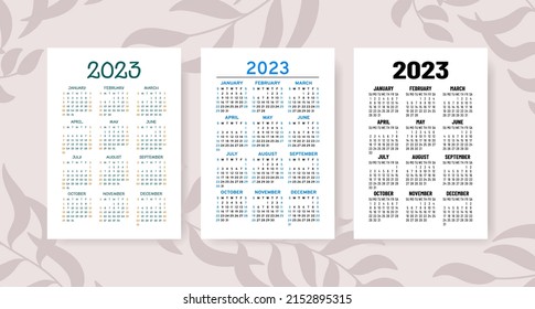 Kalenderjahr 2023 Kollektion von Vektorvorlagen. Grafikdesign. Januar, Februar, März, April, Mai, Juni, Juli, August, September, Oktober, Dezember