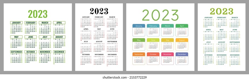 Calendar 2023 year set. Vector template collection. Ready design. Week starts on Sunday. January, February, March, April, May, June, July, August, September, October, November, December