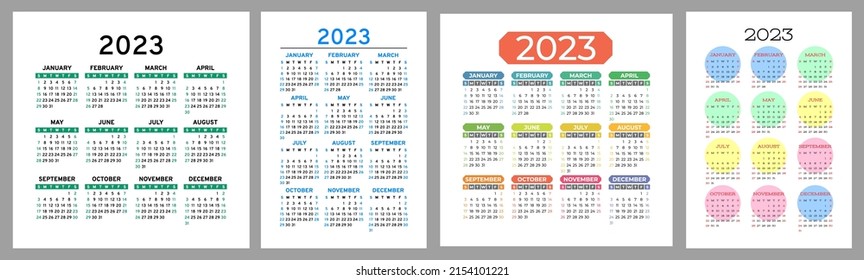 Calendar 2023 year set. Vector template collection. Ready design. Week starts on Sunday. January, February, March, April, May, June, July, August, September, October, November, December