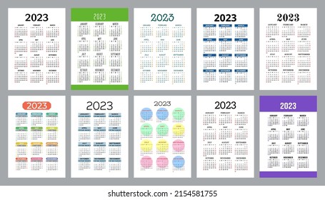 Calendar 2023 year set. Vector template collection. Week starts on Sunday. January, February, March, April, May, June, July, August, September, October, November, December