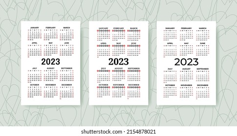 Calendar 2023 year set. Vector template collection. Graphic design. January, February, March, April, May, June, July, August, September, October, November, December