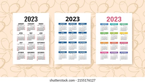 Calendar 2023 year set. Vector template collection. Graphic design. January, February, March, April, May, June, July, August, September, October, November, December