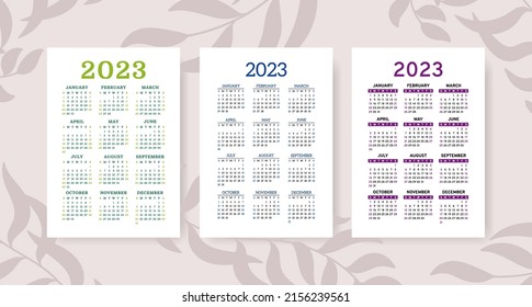 Calendar 2023 year set. Vector template collection. January, February, March, April, May, June, July, August, September, October, November, December