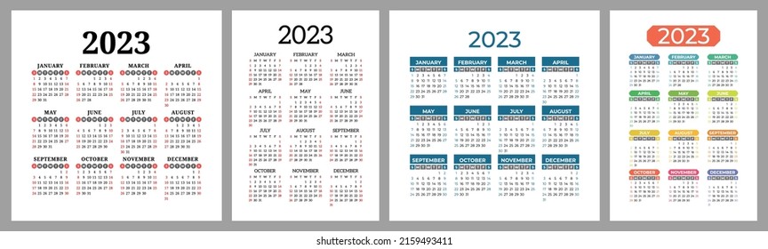 Calendar 2023 year set. Vector template collection. Ready design. Week starts on Sunday. January, February, March, April, May, June, July, August, September, October, November, December
