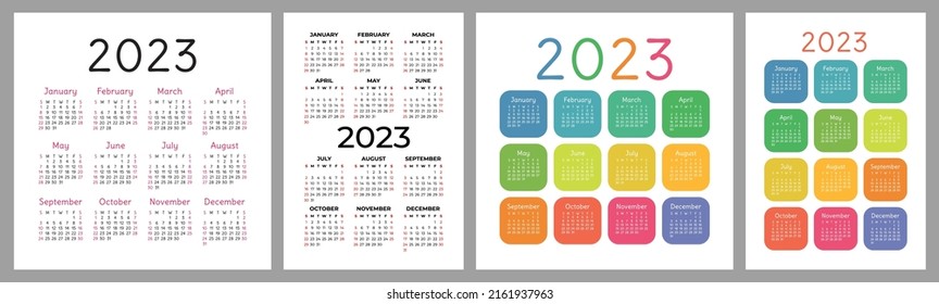 Calendar 2023 year set. Vector template collection. Ready design. Week starts on Sunday. January, February, March, April, May, June, July, August, September, October, November, December