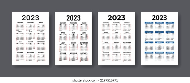 Calendar 2023 year set. Vector vertical template collection. Ready design. January, February, March, April, May, June, July, August, September, October, November, December