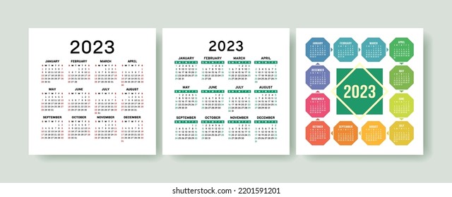 Calendar 2023 year set. Vector square template collection. Ready design. January, February, March, April, May, June, July, August, September, October, November, December