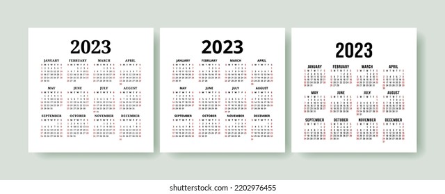 Calendar 2023 year set. Vector square template collection. Ready design. January, February, March, April, May, June, July, August, September, October, November, December