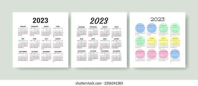 Calendar 2023 year set. Vector square template collection. Ready design. January, February, March, April, May, June, July, August, September, October, November, December