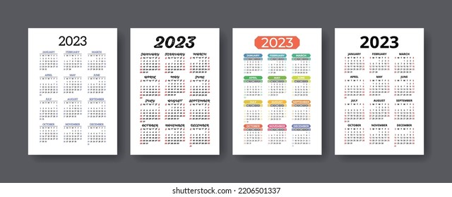 Calendar 2023 year set. Vector vertical template collection. Ready design. January, February, March, April, May, June, July, August, September, October, November, December