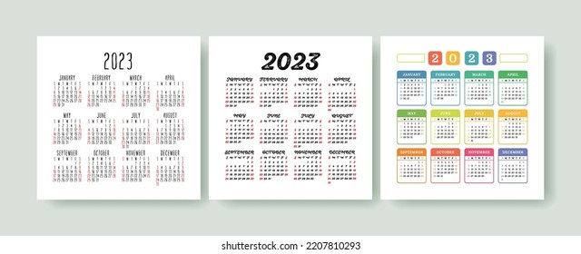 Calendario 2023. Colección de plantillas cuadradas vectoras. Diseño listo. Enero, febrero, marzo, abril, mayo, junio, julio, agosto, septiembre, octubre, noviembre, diciembre