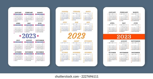 Calendario 2023. Planilla vertical de pared o calénder de bolsillo. Colección de diseño. La semana empieza el domingo