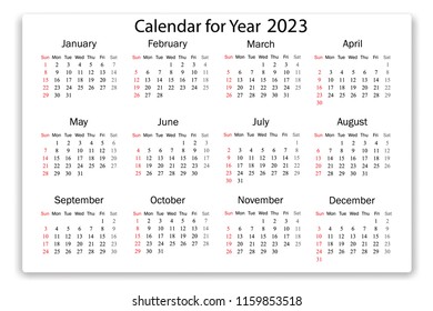 Calendar 2023 year in simple style on white background. Week starts from Sunday. Vector illustration.