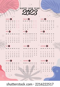 Calendario 2023 año con un estilo sencillo en marco de lienzo blanco. La semana comienza el domingo. Ilustración vectorial.