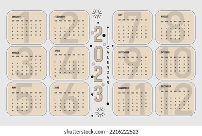 Calendario 2023 año con un estilo sencillo en marco de lienzo blanco. La semana comienza el domingo. Ilustración vectorial.