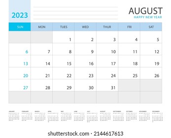 Calendar 2023 year template, August layout design, Planner simple, Desk calendar 2023 design, Week Starts on Sunday, Wall calendar design, printing media, advertisement, office organizer, vector
