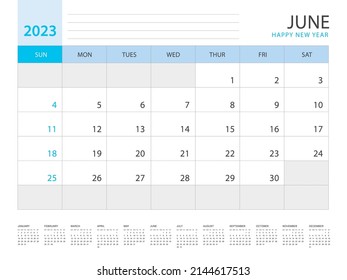 Calendar 2023 year template, June layout design, Planner simple, Desk calendar 2023 design, Week Starts on Sunday, Wall calendar design, printing media, advertisement, office organizer, vector
