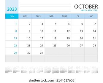 Calendar 2023 year template, October layout design, Planner simple, Desk calendar 2023 design, Week Starts on Sunday, Wall calendar design, printing media, advertisement, office organizer, vector
