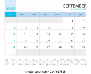 Calendar 2023 year template, September layout design, Planner simple, Desk calendar 2023 design, Week Starts on Sunday, Wall calendar design, printing media, advertisement, office organizer, vector
