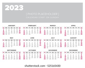 Calendar 2023 year vector design template, start on sunday