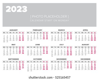 Calendar 2023 year vector design template, start on monday