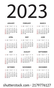 Calendar 2023 year - vector illustration. Week starts on Sunday