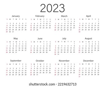 Kalenderjahr 2023. Vektorgrafik. Die Woche beginnt am Sonntag. Vektorgrafik.