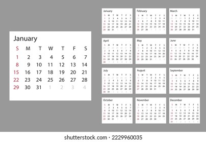 Calendario 2023 año. Ilustración vectorial. La semana empieza el domingo. Ilustración vectorial.