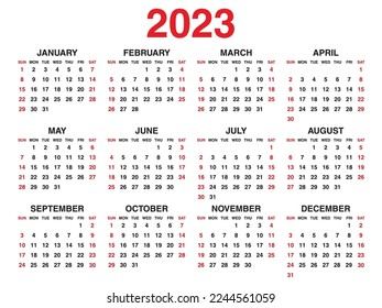 Calendar 2023 year vector illustration, Set of 12 calendar, week starts on Sunday, Simple planner template, desk calendar 2023 year, wall calendar 2023 template, print media, corporate template