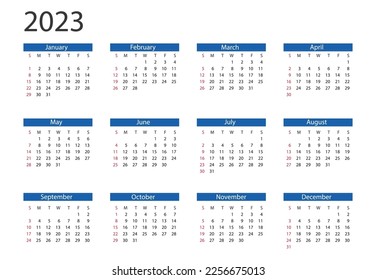 Calendario 2023 año. Ilustración vectorial. La semana empieza el domingo. Ilustración vectorial.
