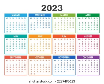 Calendar 2023 year vector template. Week starts on Monday. Abstract colorful illustration